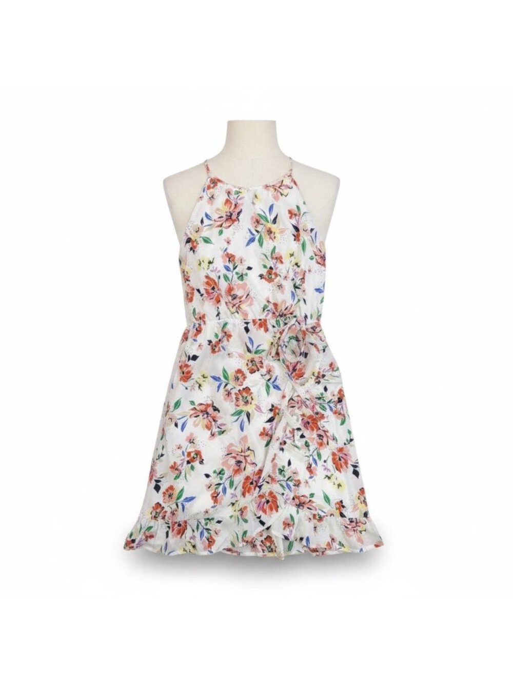 Miami Womens White Floral Halter Dress Summer Casual Ruffle Hem Size L